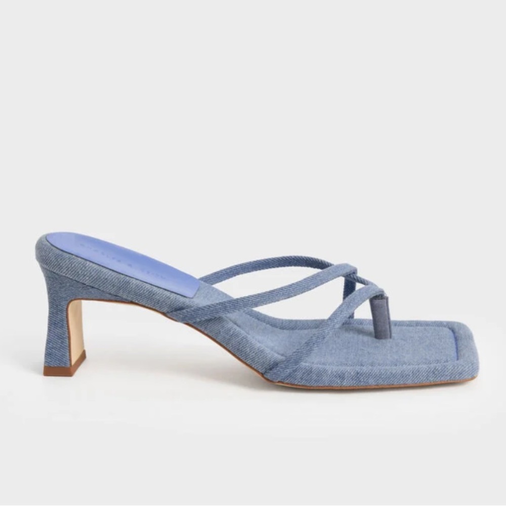 Charles & Keith Denim Blue Square Toe Strappy Mid-Heel Sandals